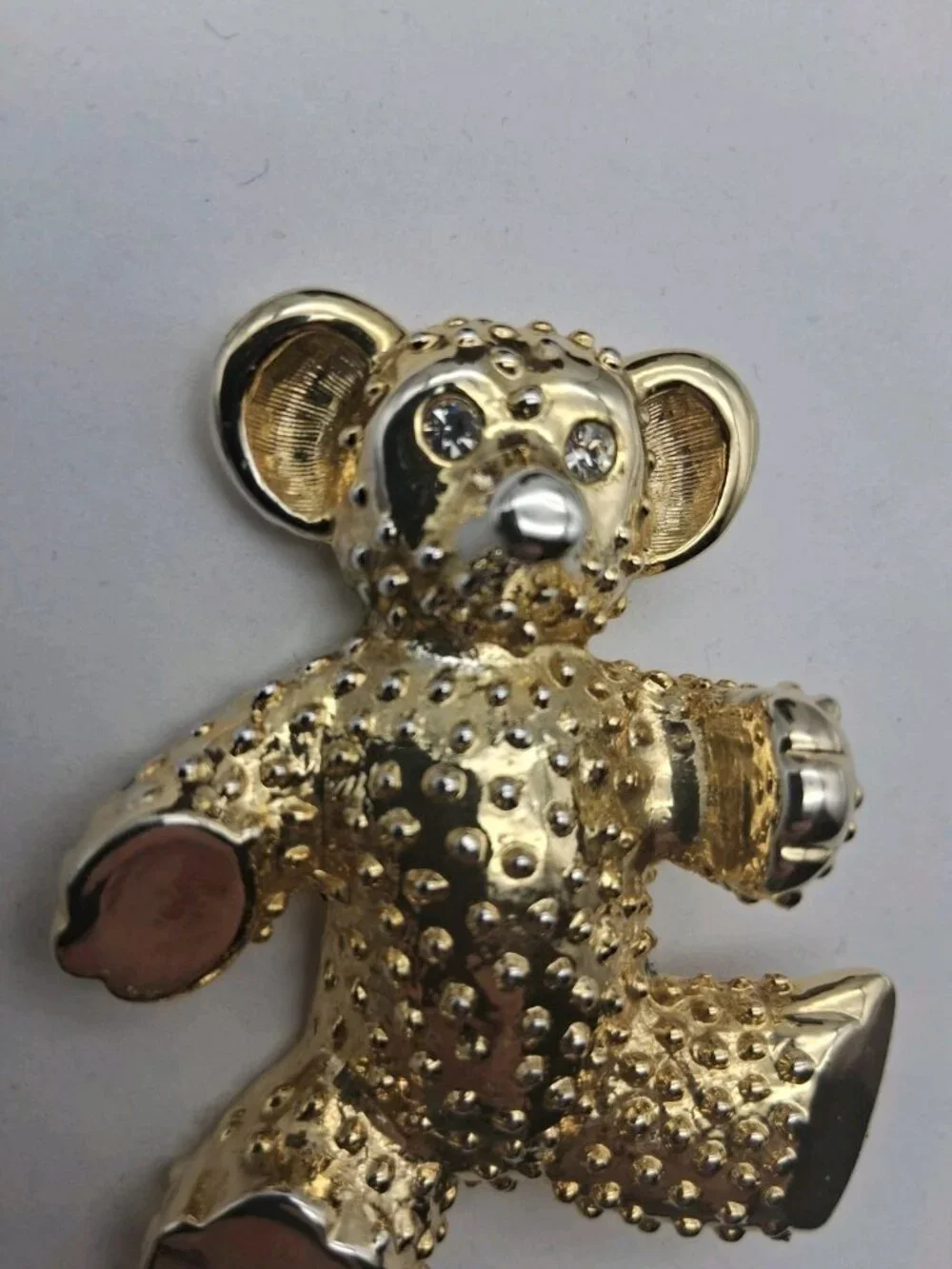 Vintage Teddy Bear Brooch Pin Brushed Gold Rhinestone Crystal Chunky 1980s